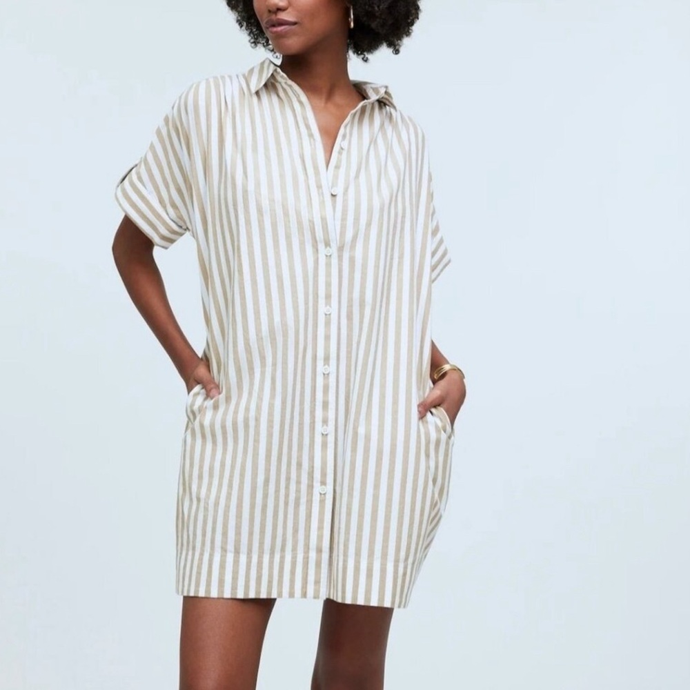 Madewell Cream & White Vertical Stripe Shirt Mini Dress